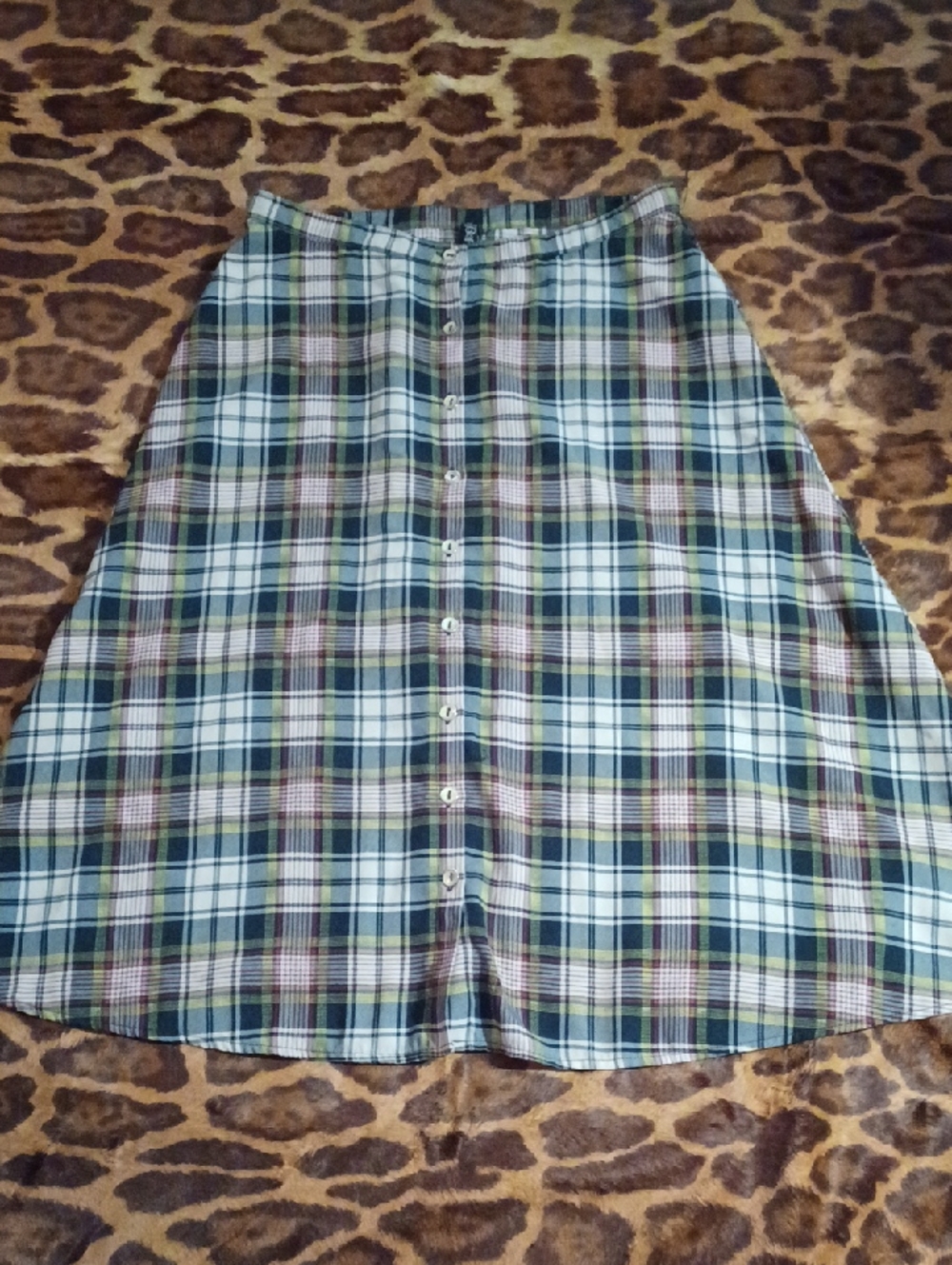 BeBop Retro Button-Front Plaid A-Line Skirt -  Green, Red And Cream